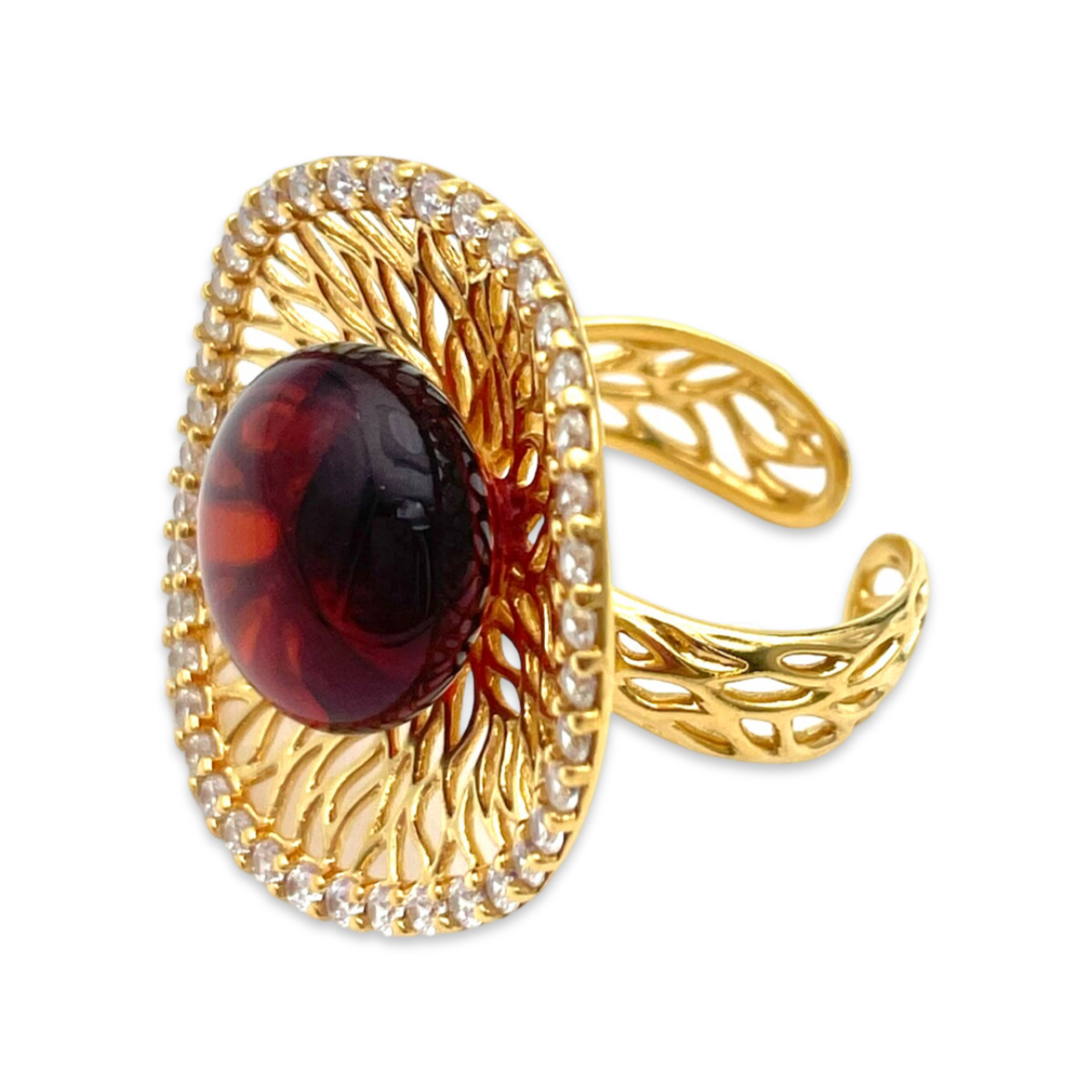 Gold-plated ring with amber and zircons