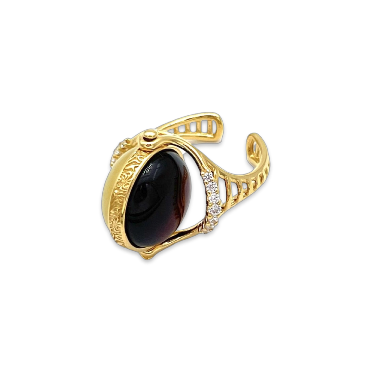 Gold-plated ring with amber and zircons