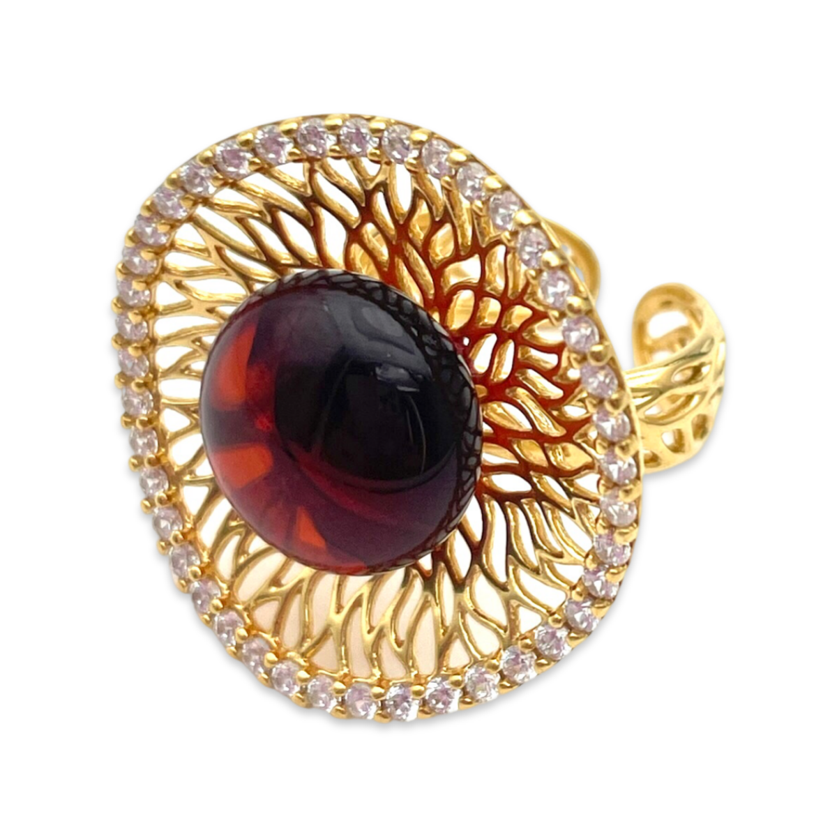 Gold-plated ring with amber and zircons