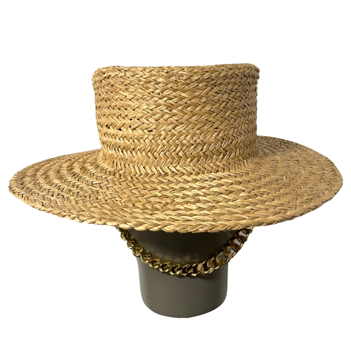 Chain Embellished Straw Boater Hat