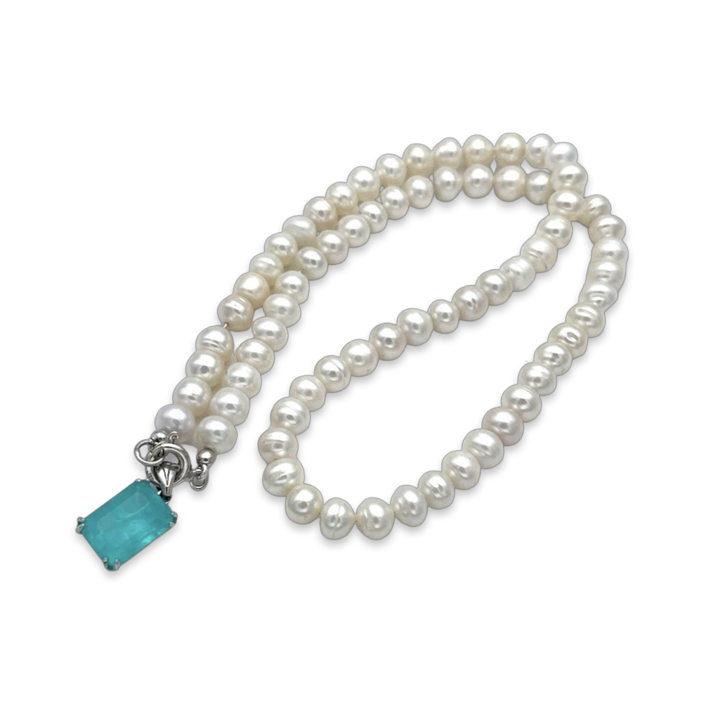 Pearl necklace with paraiba pendant