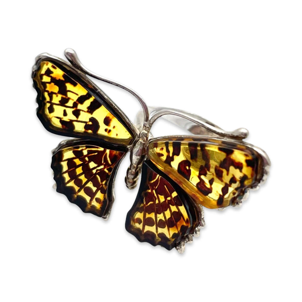 Large silver amber ring Butterfly