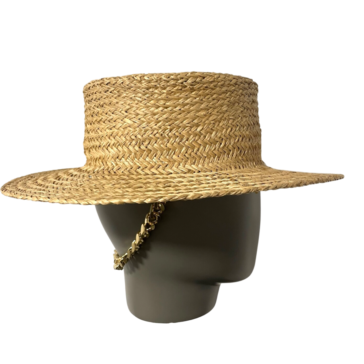 Chain Embellished Straw Boater Hat