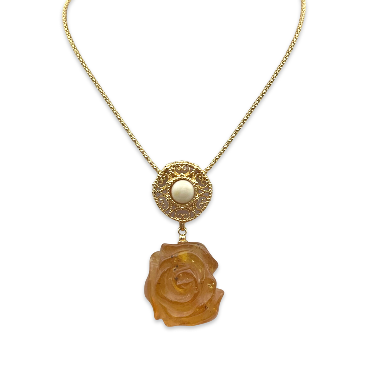 Gold plated necklace with amber rose