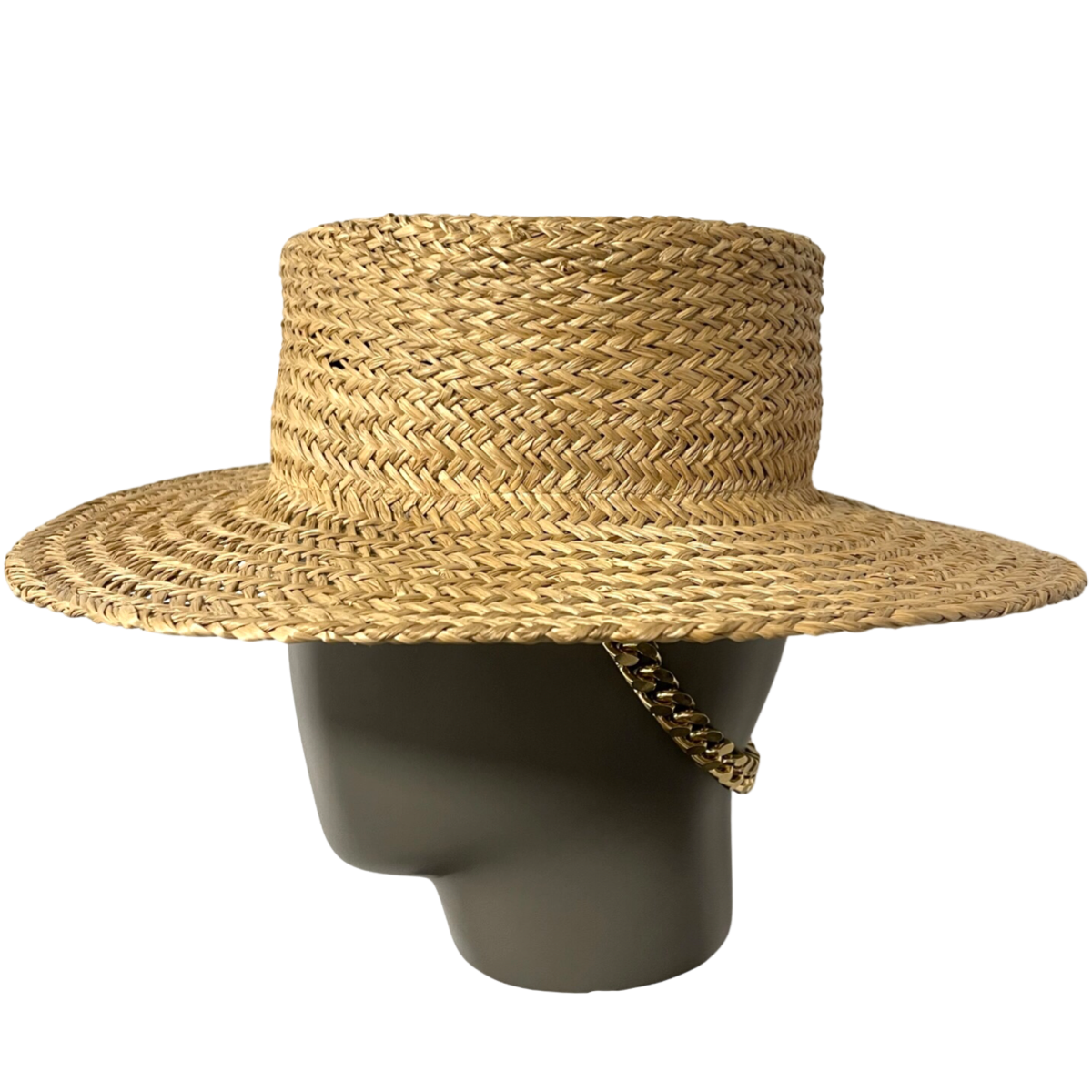 Chain Embellished Straw Boater Hat