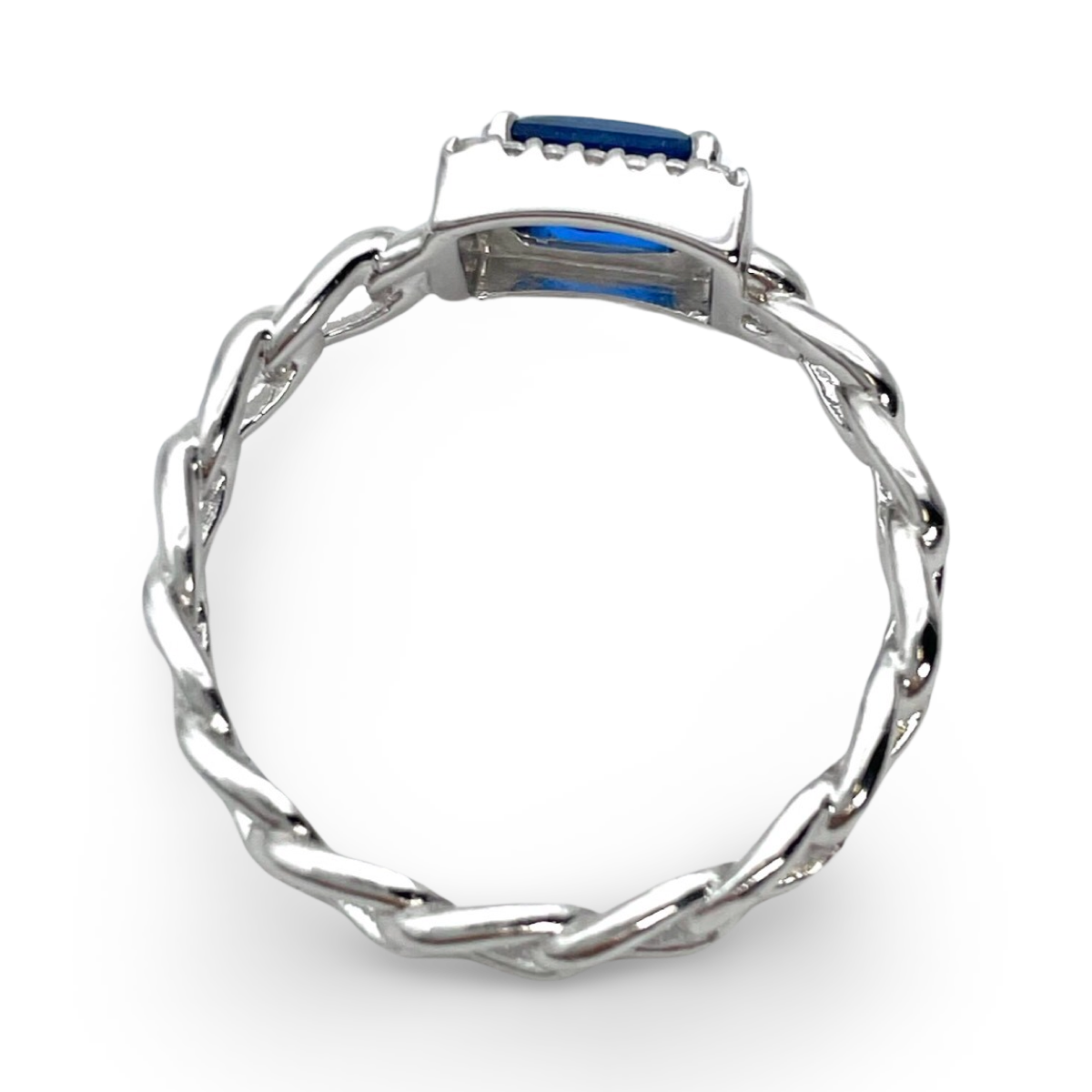 Silver Braided ring with blue zircon