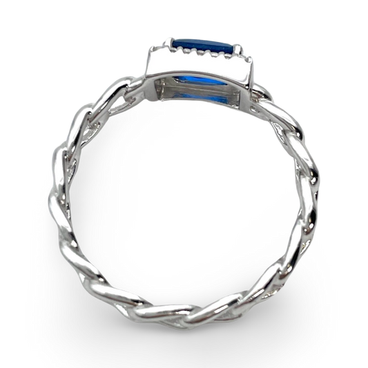 Silver Braided ring with blue zircon