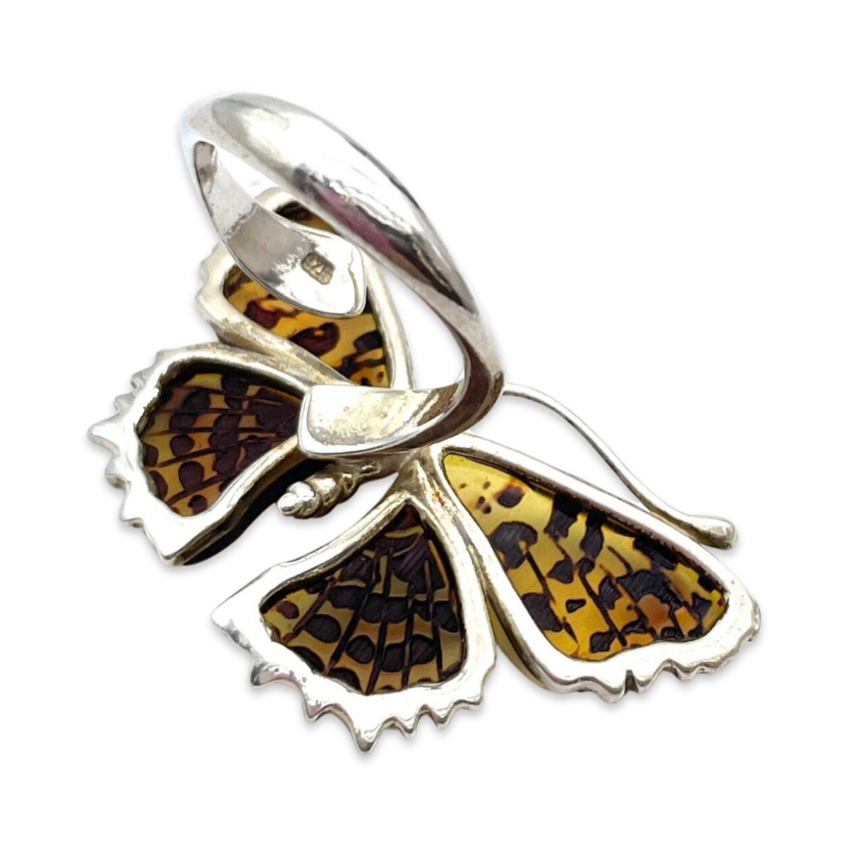 Large silver amber ring Butterfly