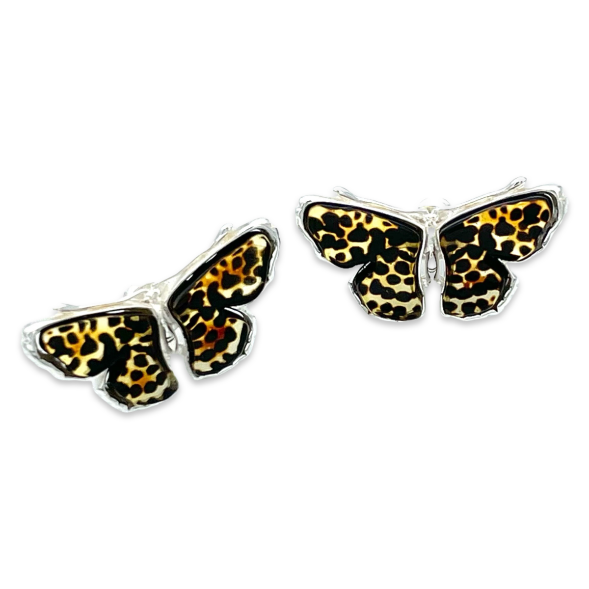 Silver amber earrings Butterfly