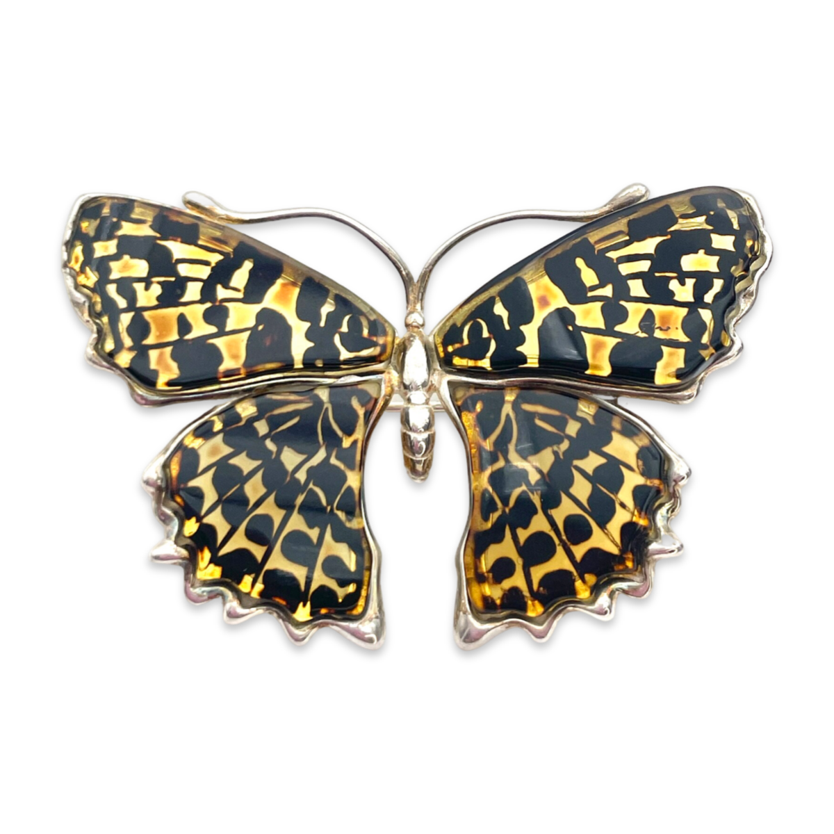 Silver amber brooch pendant Butterfly