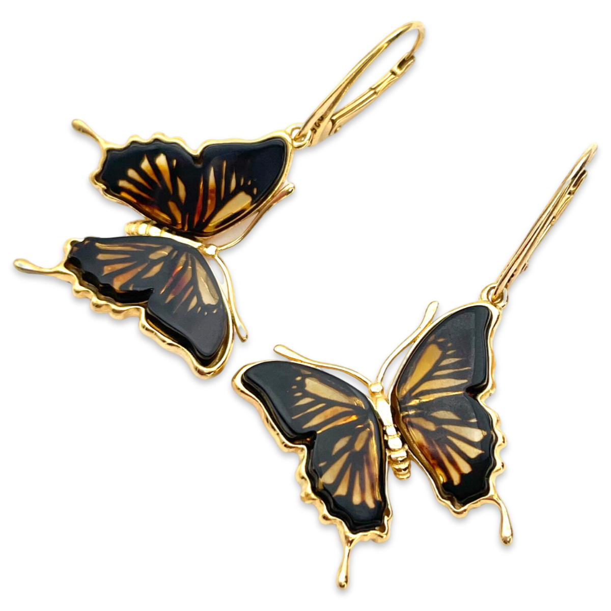 Gold-plated amber earrings Butterfly