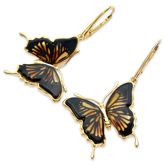 Gold-plated amber earrings Butterfly