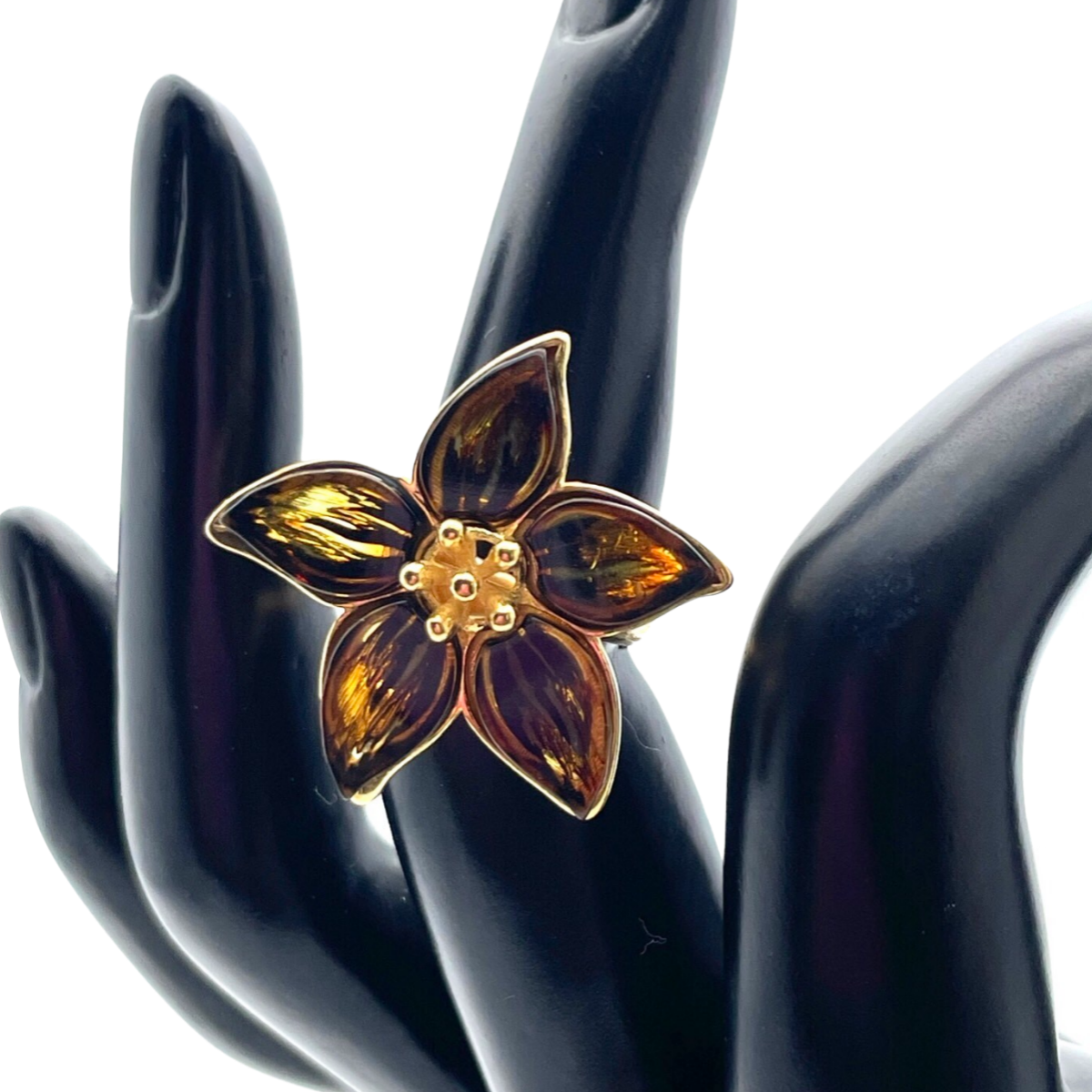 Gold-plated amber ring Flower