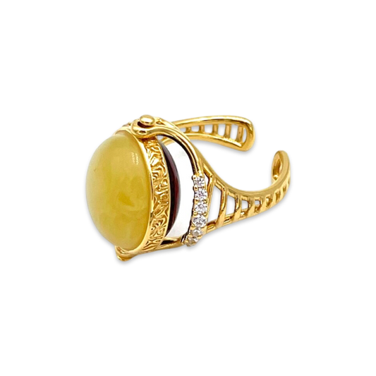 Gold-plated ring with amber and zircons