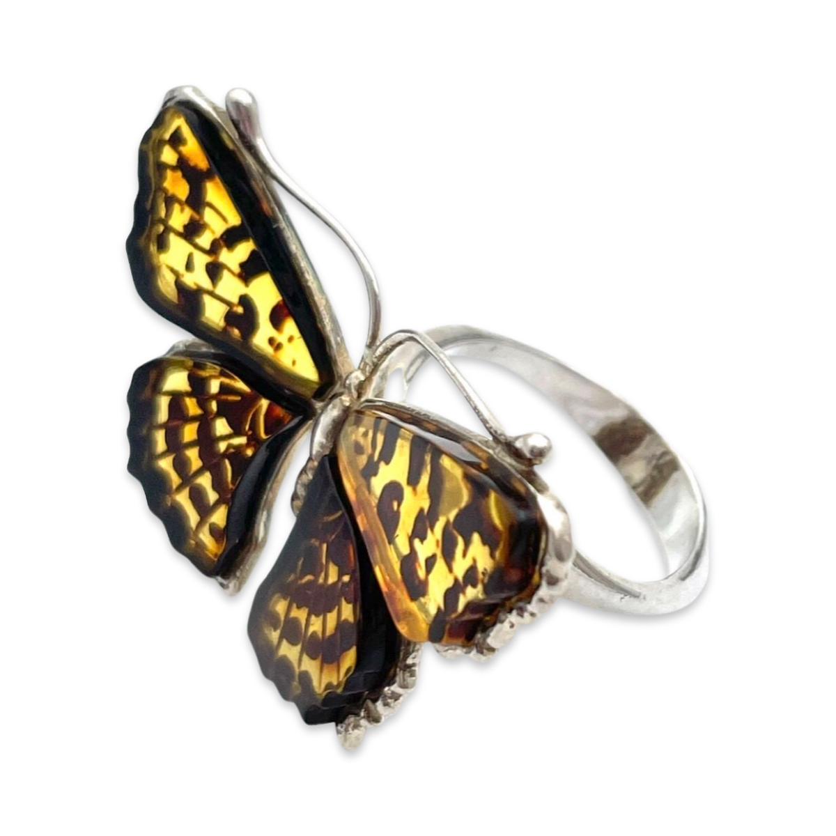 Large silver amber ring Butterfly