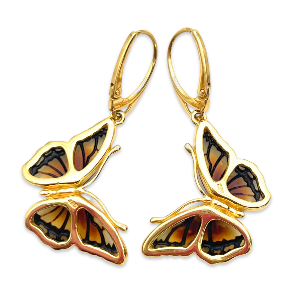 Gold-plated amber earrings Butterfly