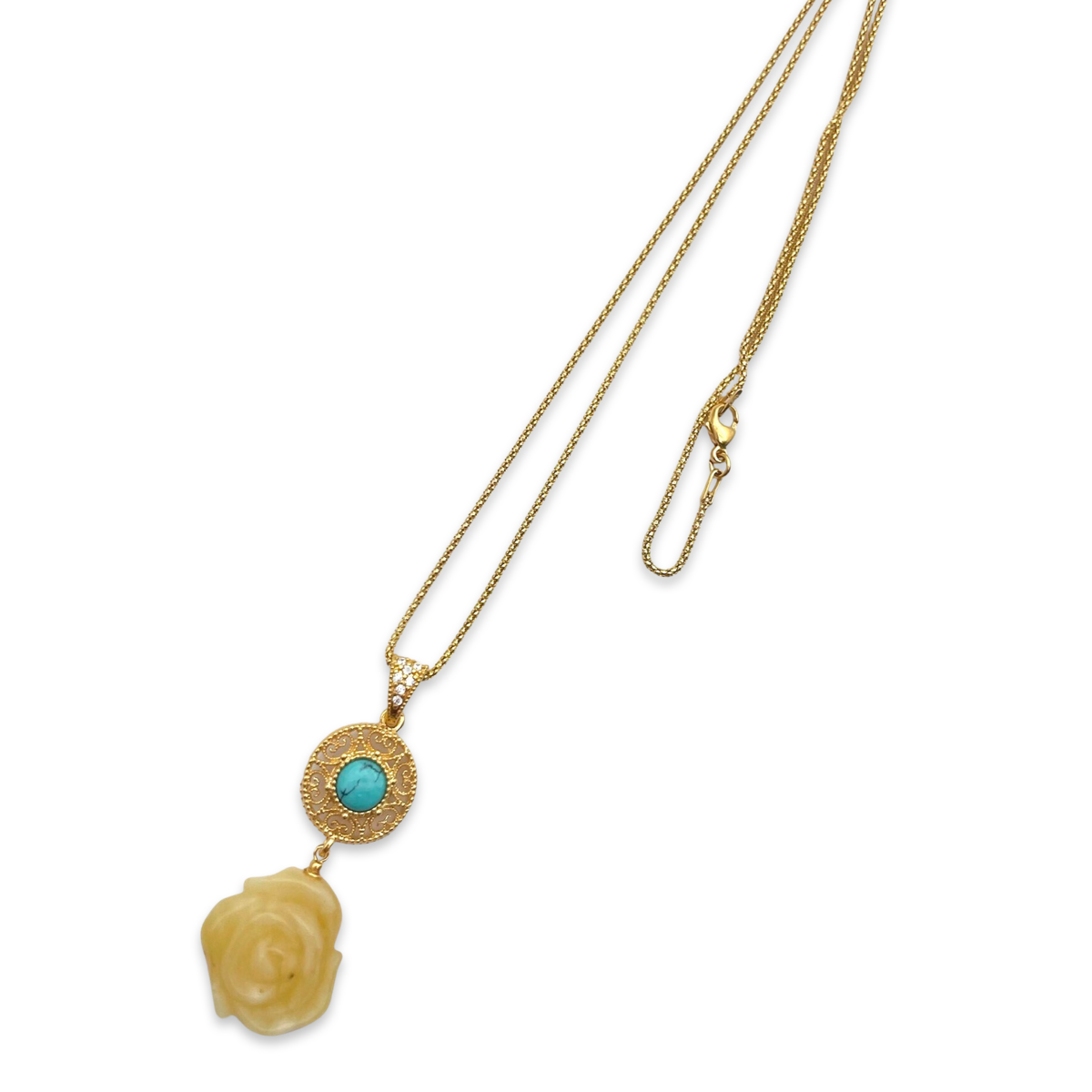 Gold plated necklace with amber rose and turquoise