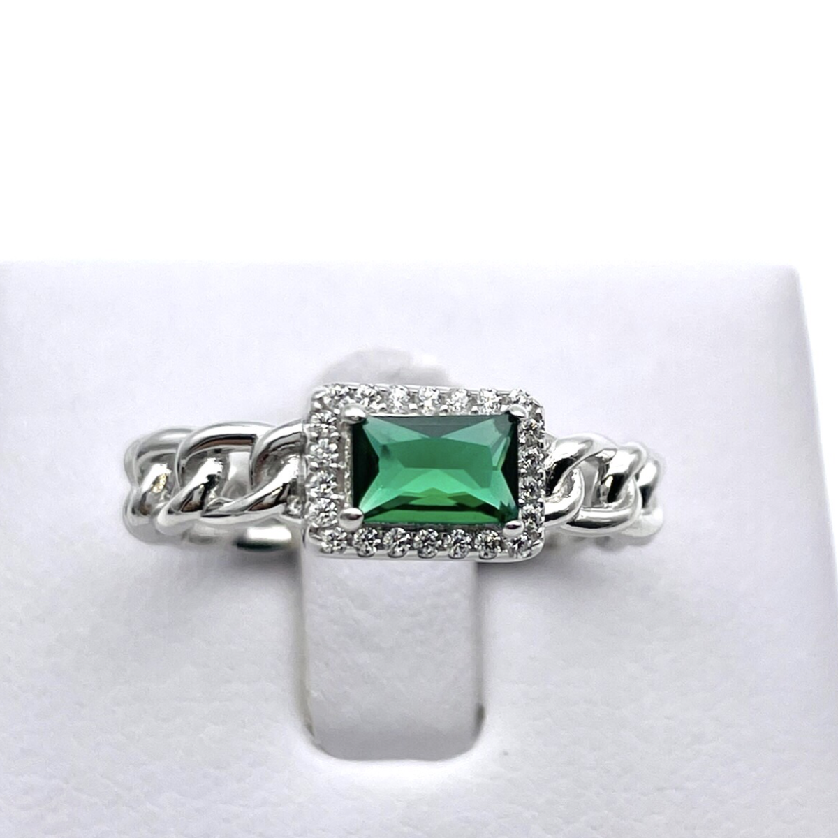 Silver Braided ring with green zircon