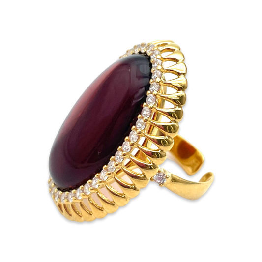 Gold-plated ring with amber and zircons