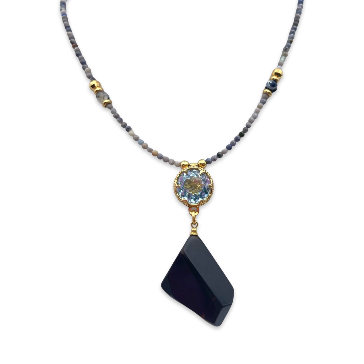 Necklace with black amber and topaz