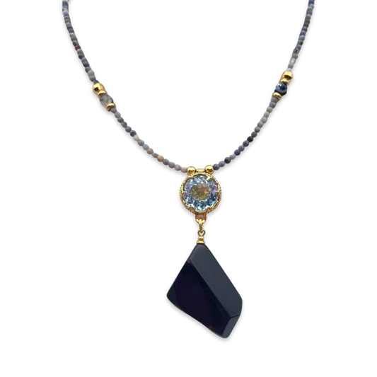 Necklace with black amber and topaz