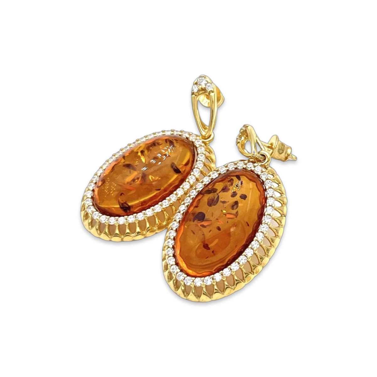 Gold-plated earrings with amber and zircons