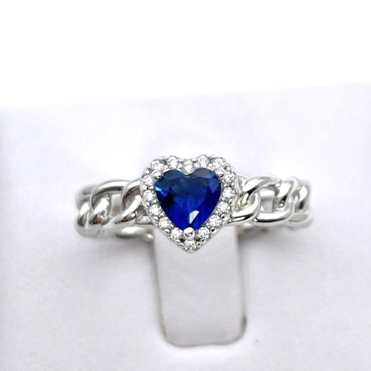 Silver Braided ring Heart with blue zircon