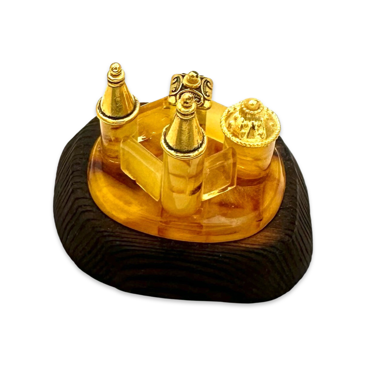 Amber souvenir on a wooden stand