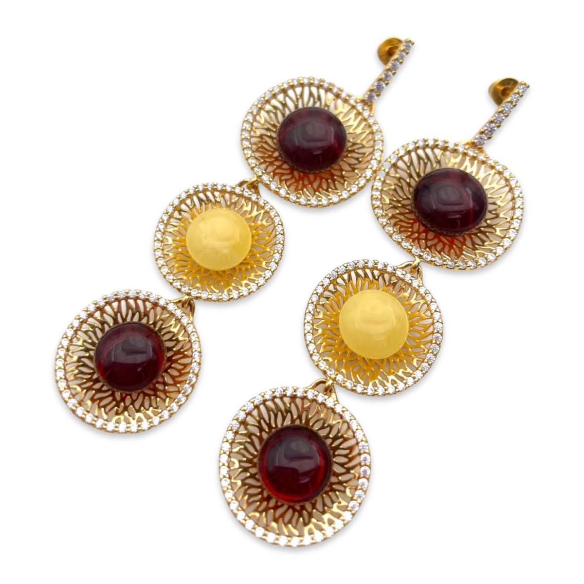 Gold-plated earrings with amber and zircons