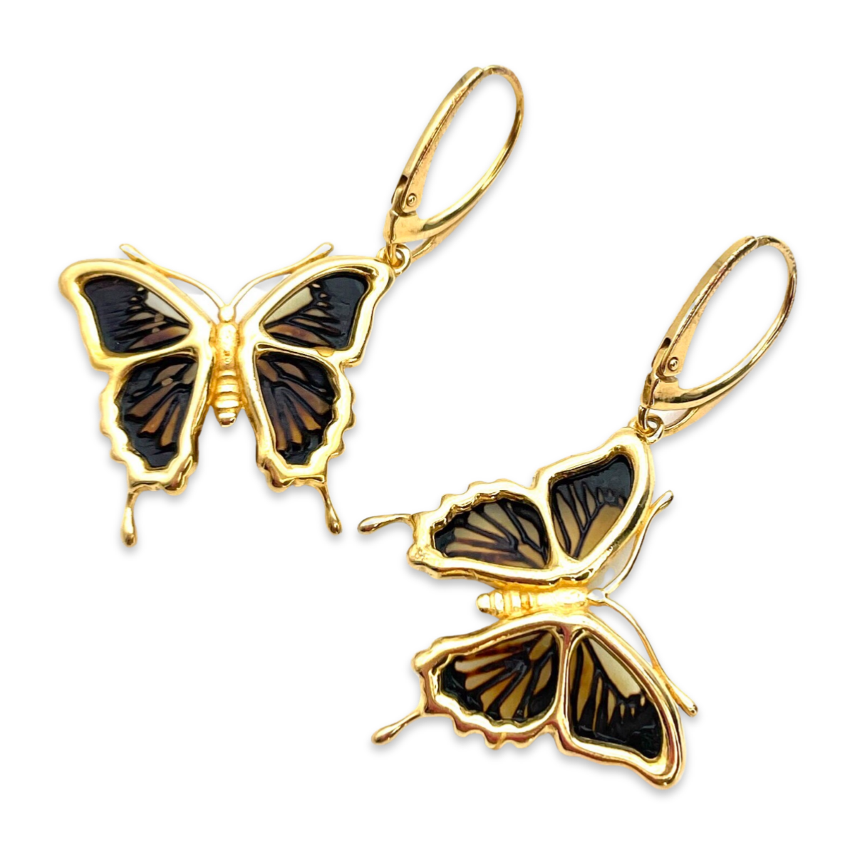 Gold-plated amber earrings Butterfly