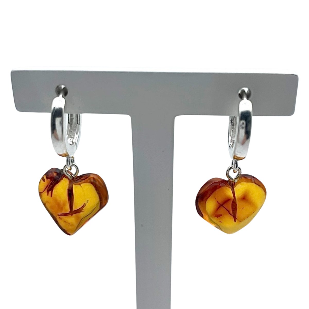 Silver amber earrings «Hearts»