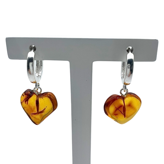 Silver amber earrings «Hearts»