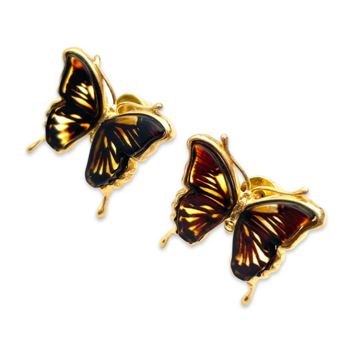 Gold-plated amber earrings Butterfly