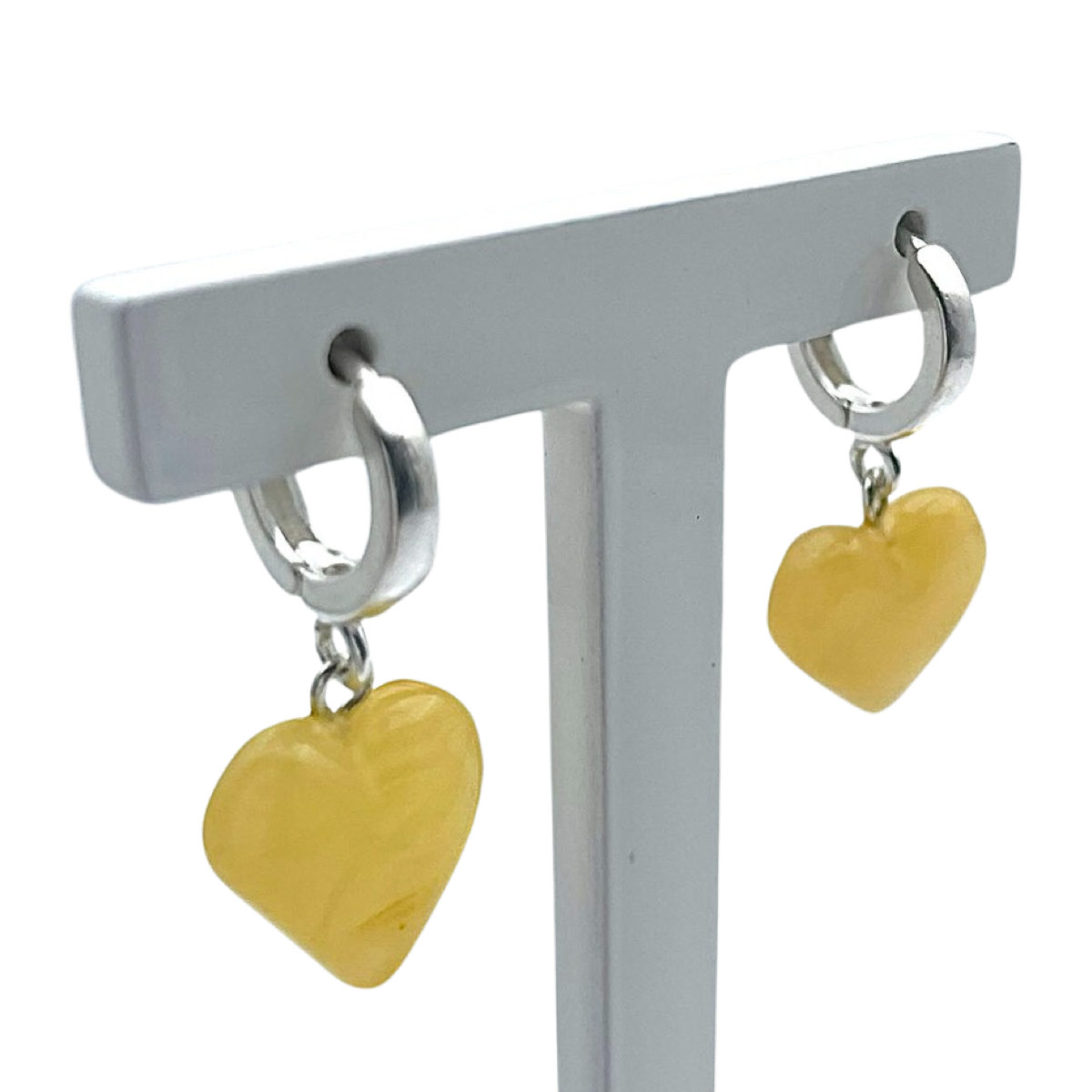 Silver amber earrings «Hearts»