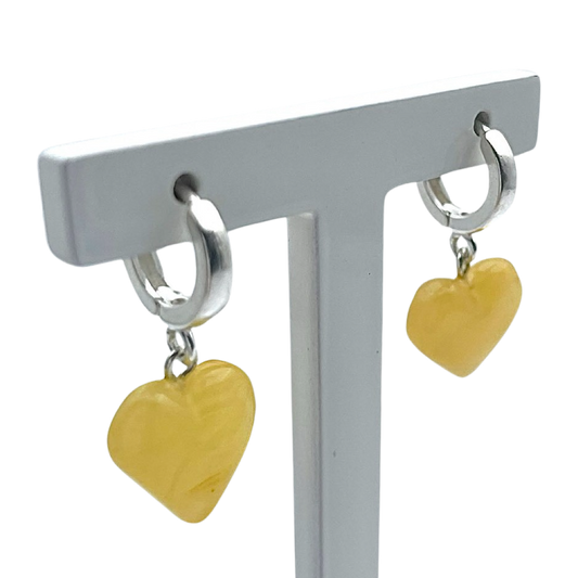 Silver amber earrings «Hearts»