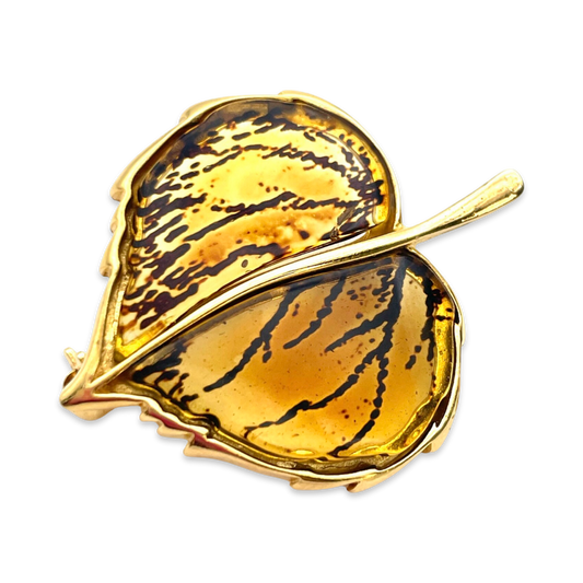 Gold-plated amber brooch pendant Leaf