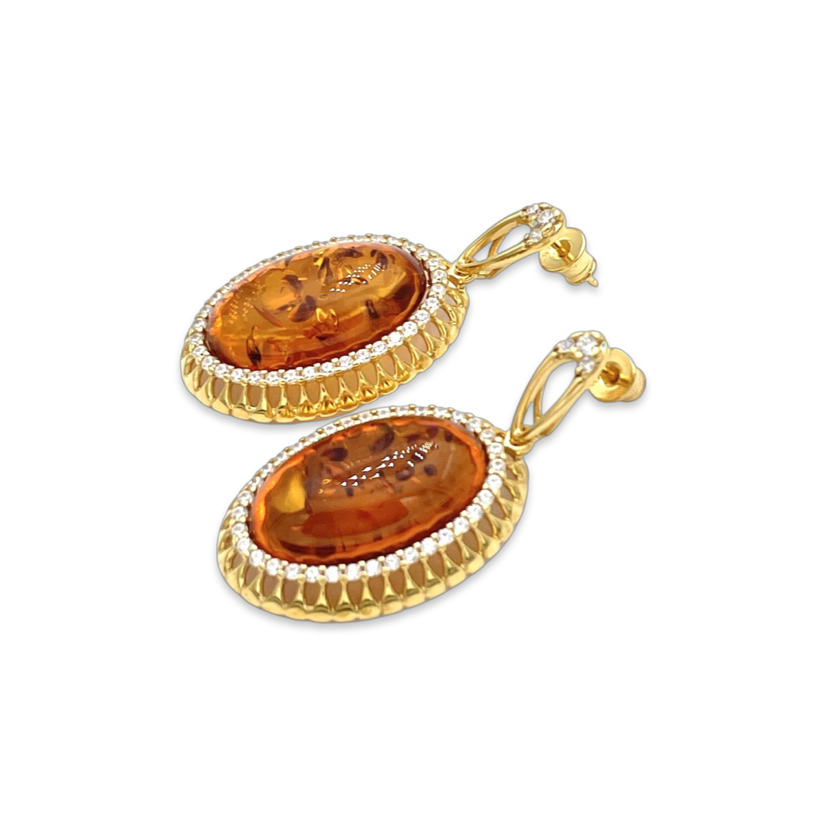 Gold-plated earrings with amber and zircons