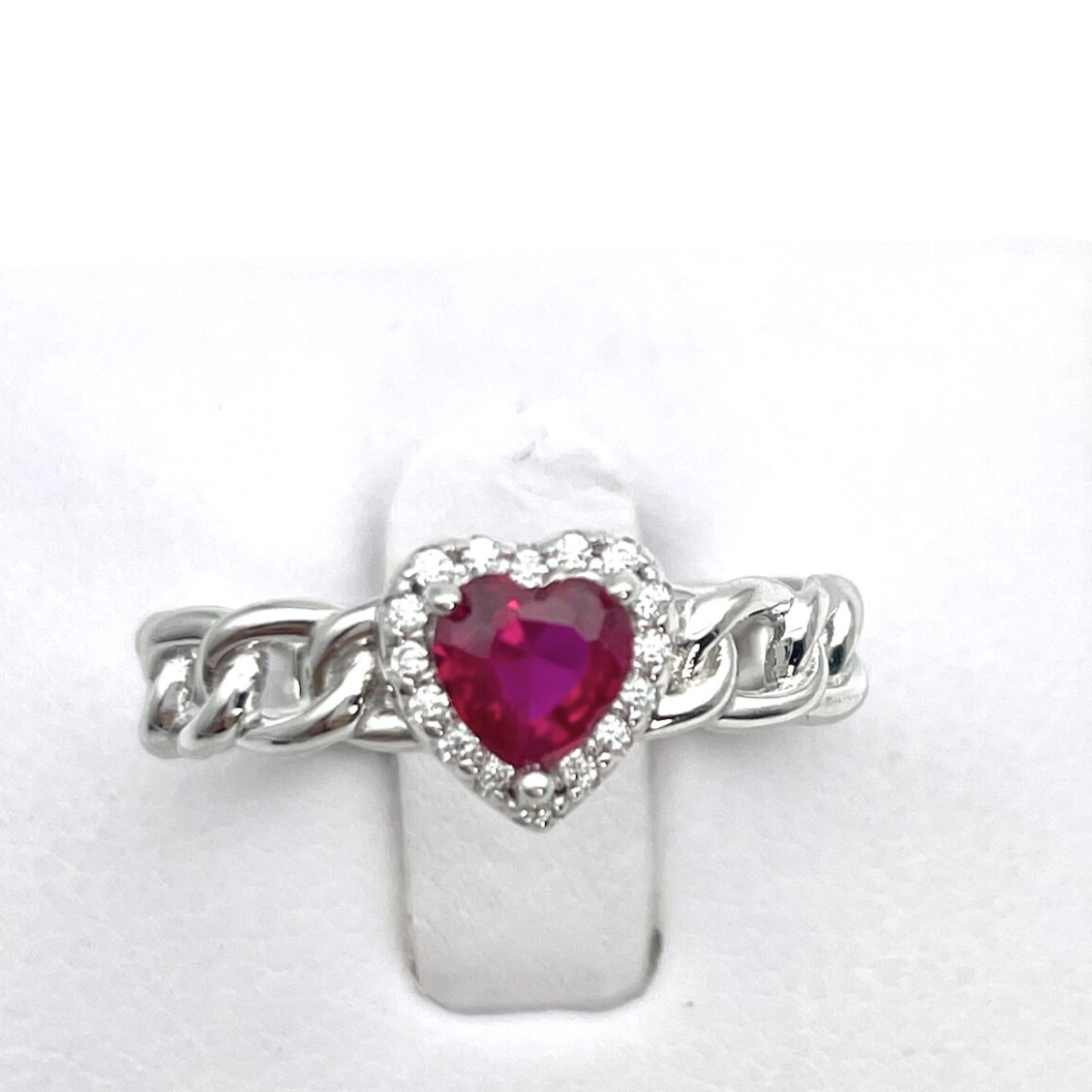 Silver Braided ring Heart with red zircon