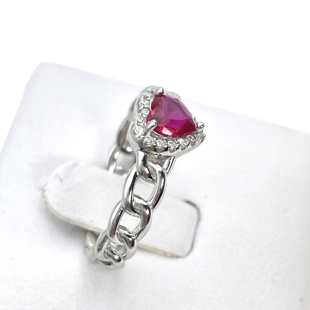 Silver Braided ring Heart with red zircon