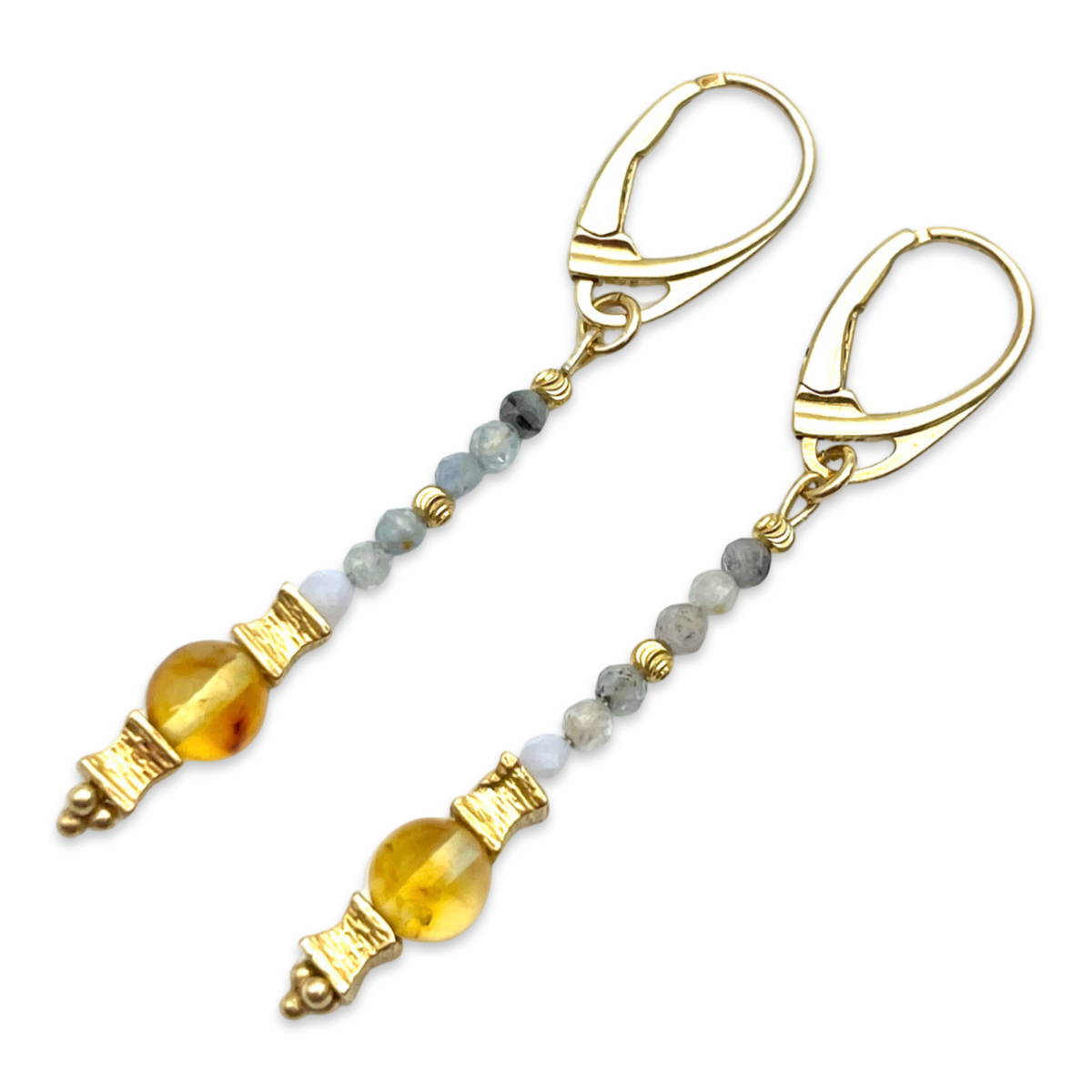 Gold-plated amber and beaded earrings