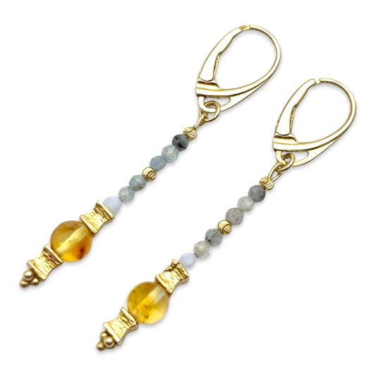 Gold-plated amber and beaded earrings