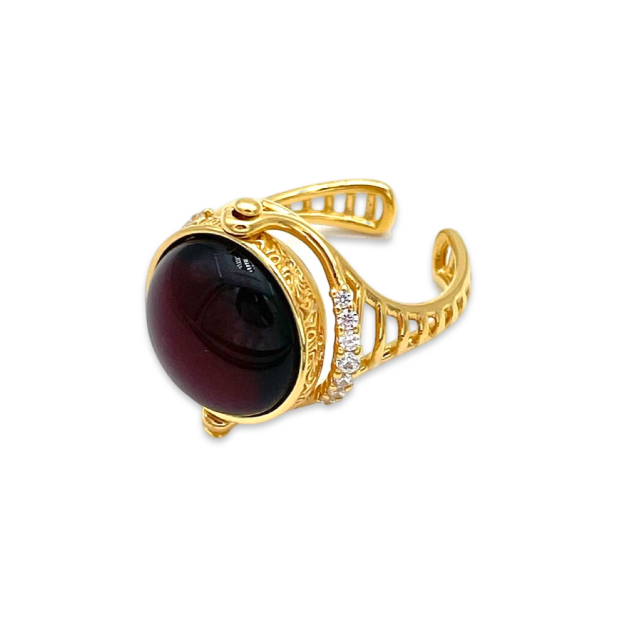 Gold-plated ring with amber and zircons