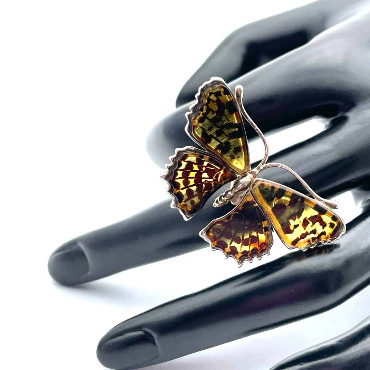 Large silver amber ring Butterfly