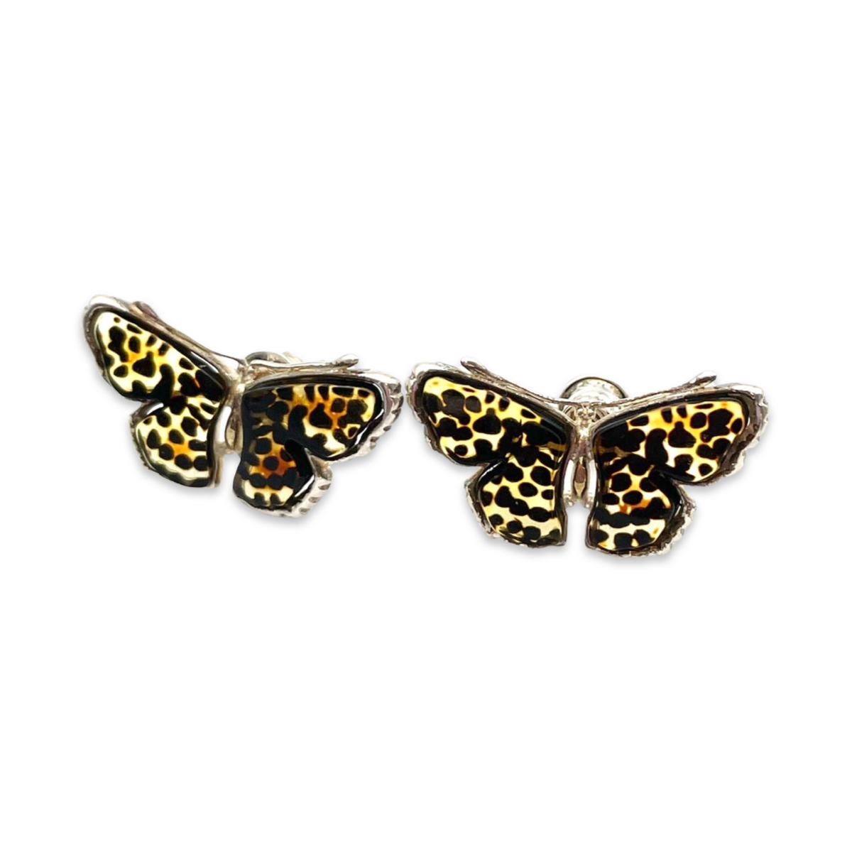 Silver amber earrings Butterfly