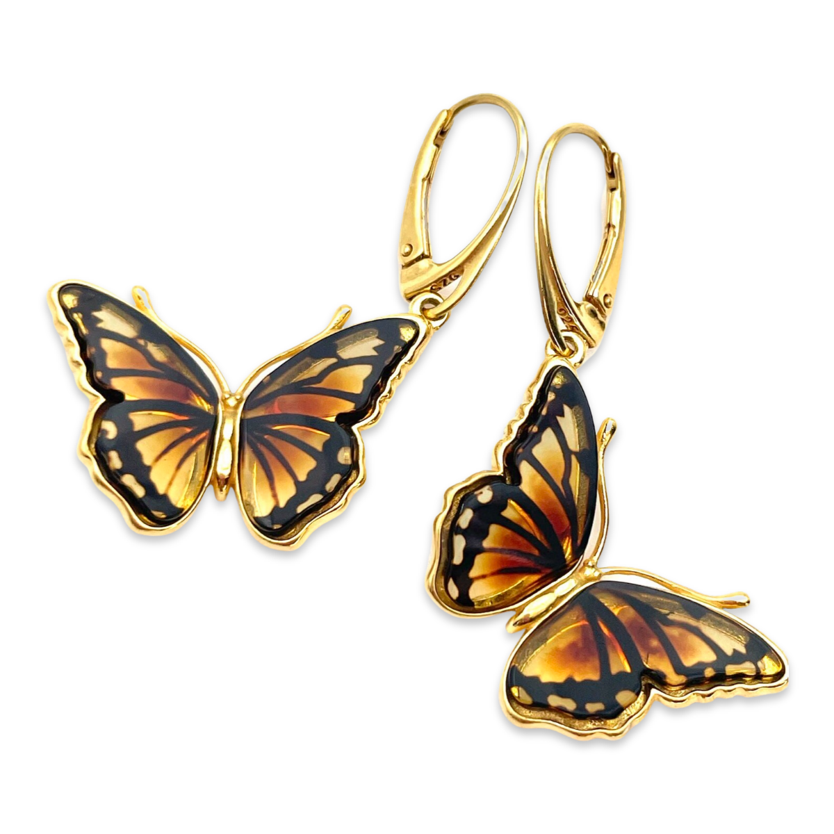 Gold-plated amber earrings Butterfly