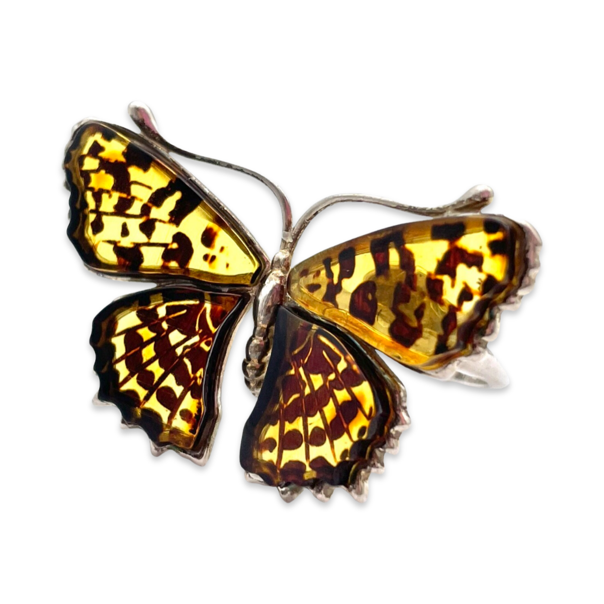 Large silver amber ring Butterfly