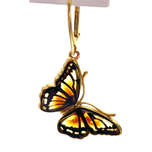 Gold-plated amber earrings Butterfly