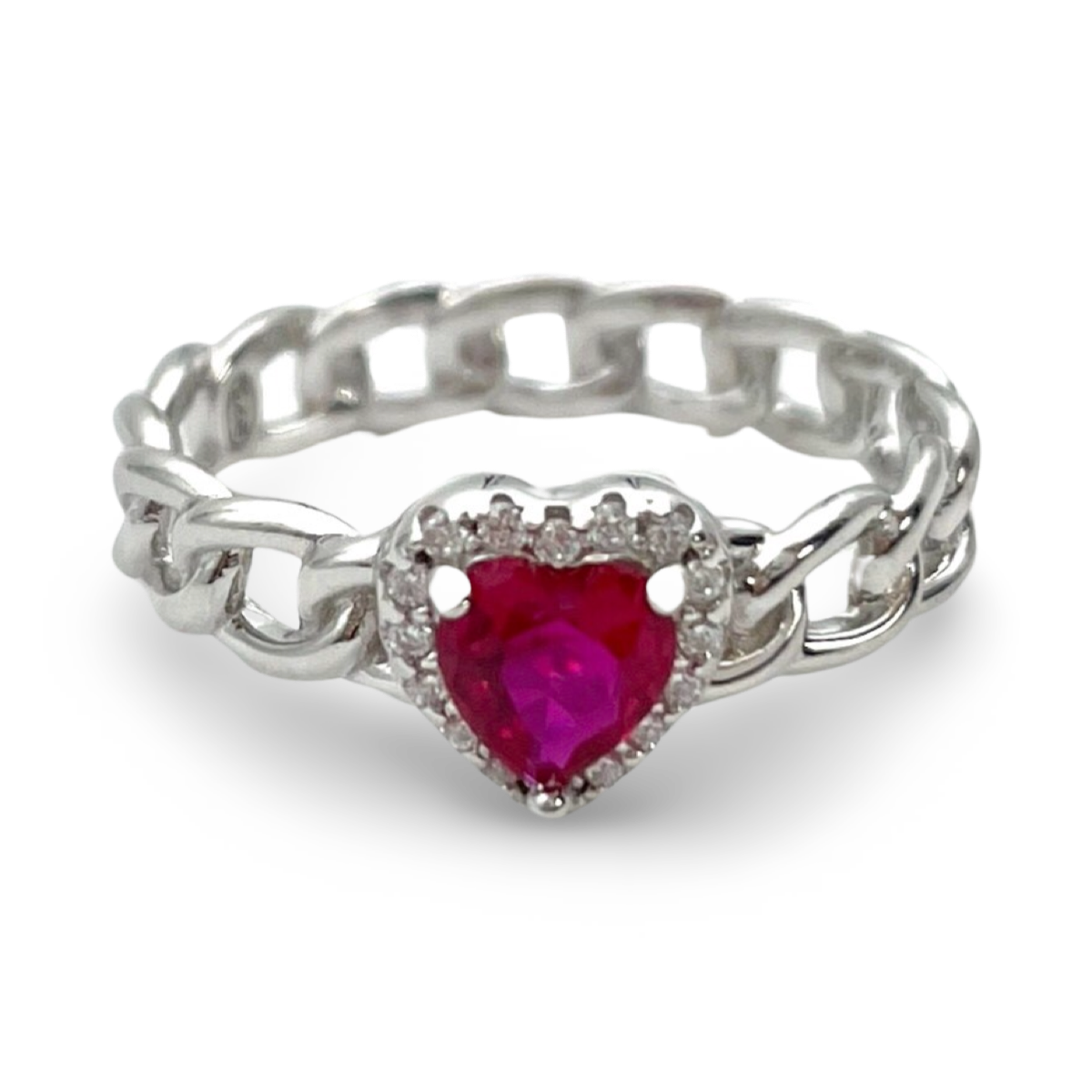 Silver Braided ring Heart with red zircon