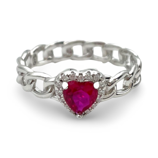 Silver Braided ring Heart with red zircon