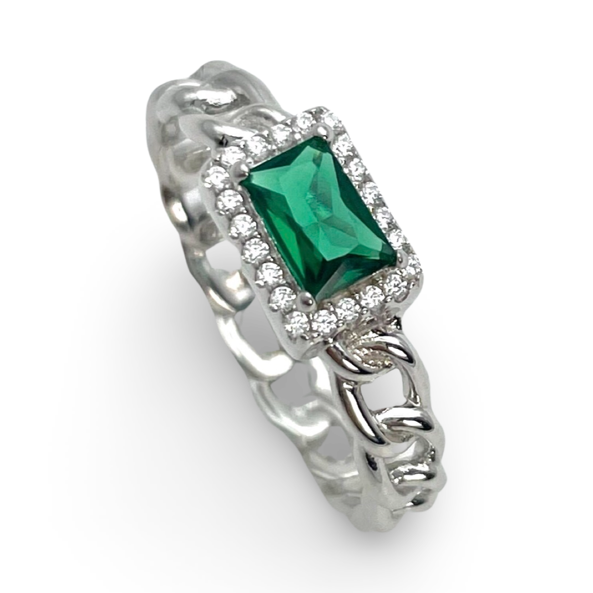 Silver Braided ring with green zircon